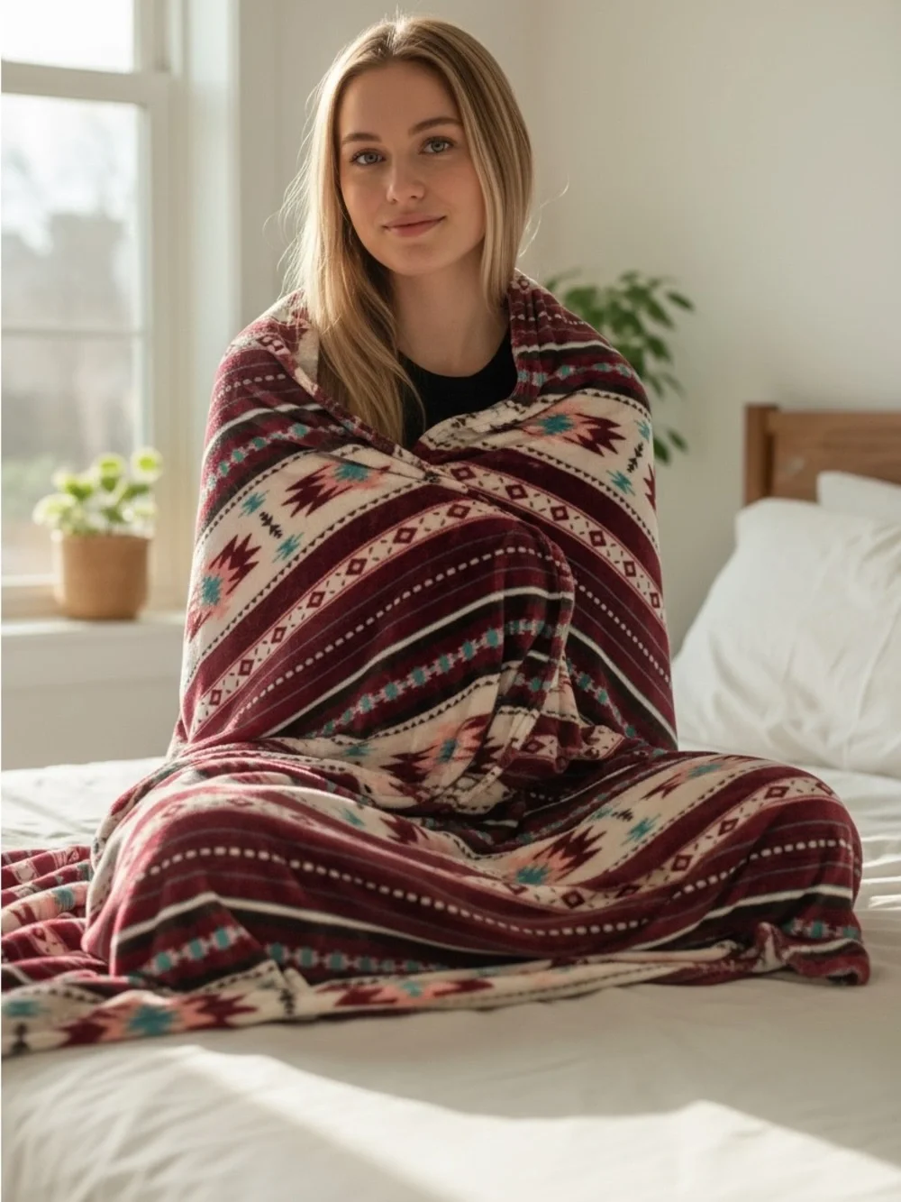 BURGUNDY Queen Southwest tribal Aztec Geometric Plush fleece Blanket